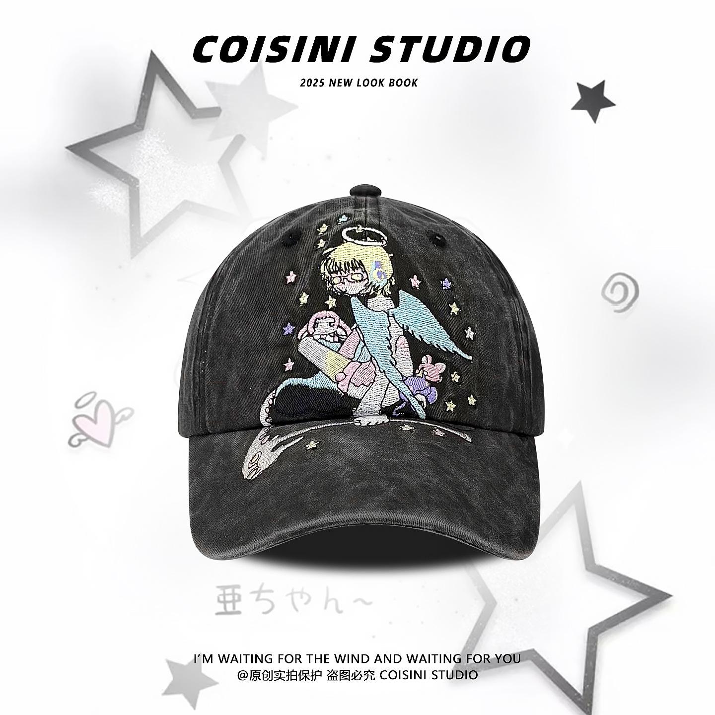 

Y2K Anime Angel Embroidered Washed Baseball Cap, Vintage Pink Distressed Dad Hat for Women M（56-58cm） чорний