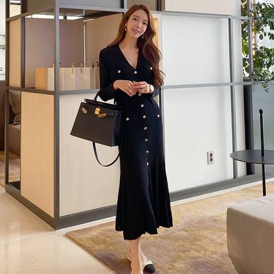 Vintage kore maxi elbiseler kadınlar için parti uzun kollu v yaka denizkızı elbise zarif moda bayanlar vestidos Femme sonbahar 2023