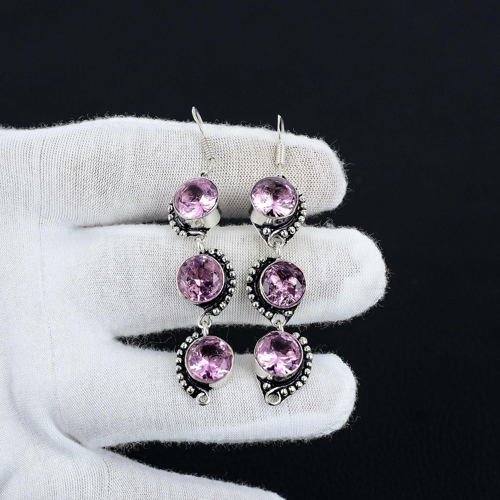 Rosa Kunzit-Edelstein, handgefertigt, 925er Sterlingsilber, Schmuck-Ohrring, rosa Kunzit-Ohrring für Frauen, Schmuck für Geschenke, handgefertigter Schmuck-Ohrring