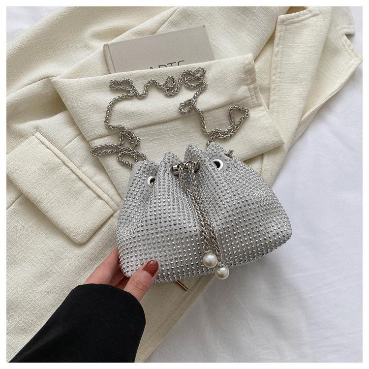 Rhinestone Embellished Drawstring Bucket Bag Women Chain Crossbody Shoulder Bag