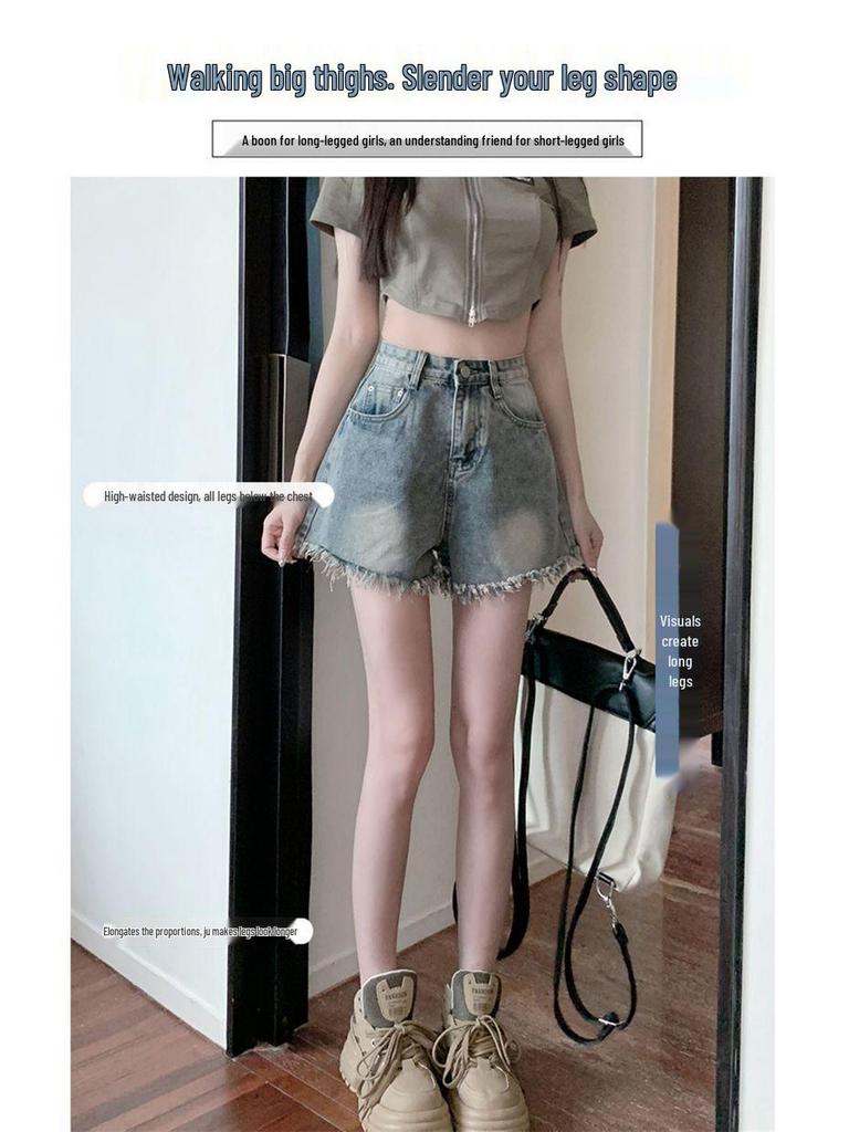 Women's High Waist Frayed Denim Shorts - Loose, Retro A-Line, Wide-Leg Summer Hot Pants