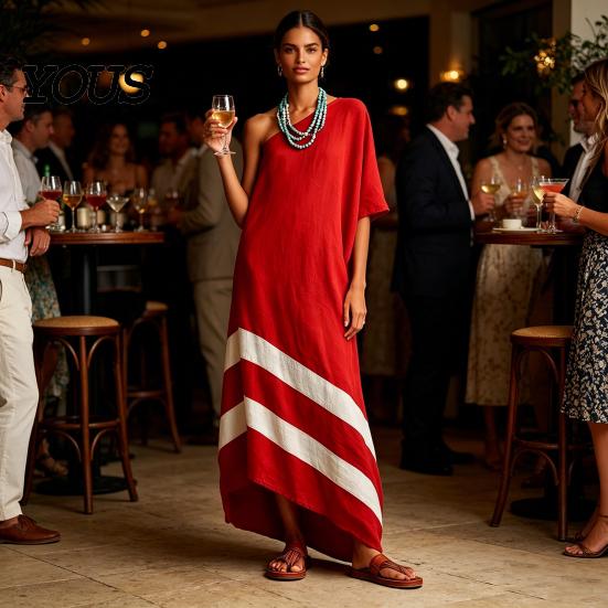 Women Casual Dress One Shoulder Maxi Dress, Color Block Loose Solid Long Summer Beach Vacation Flowy Sundress with Pockets Elegant
