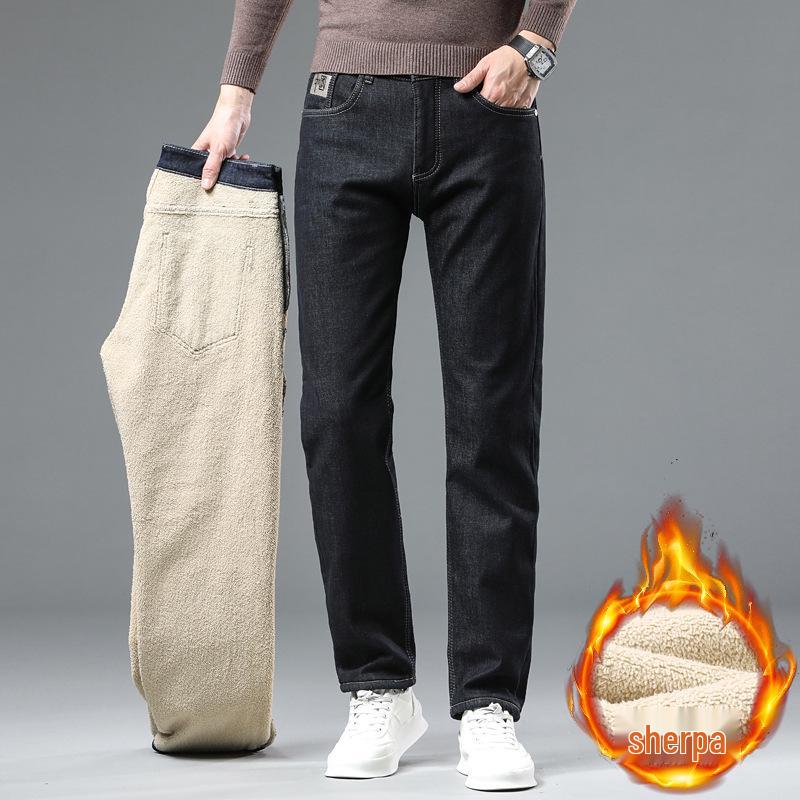 Blugi pentru bărbați Xintang din piele de miel cu căptușeală de catifea - Croială largă, Groși, Călduroși, Pantaloni casual de toamnă/iarnă