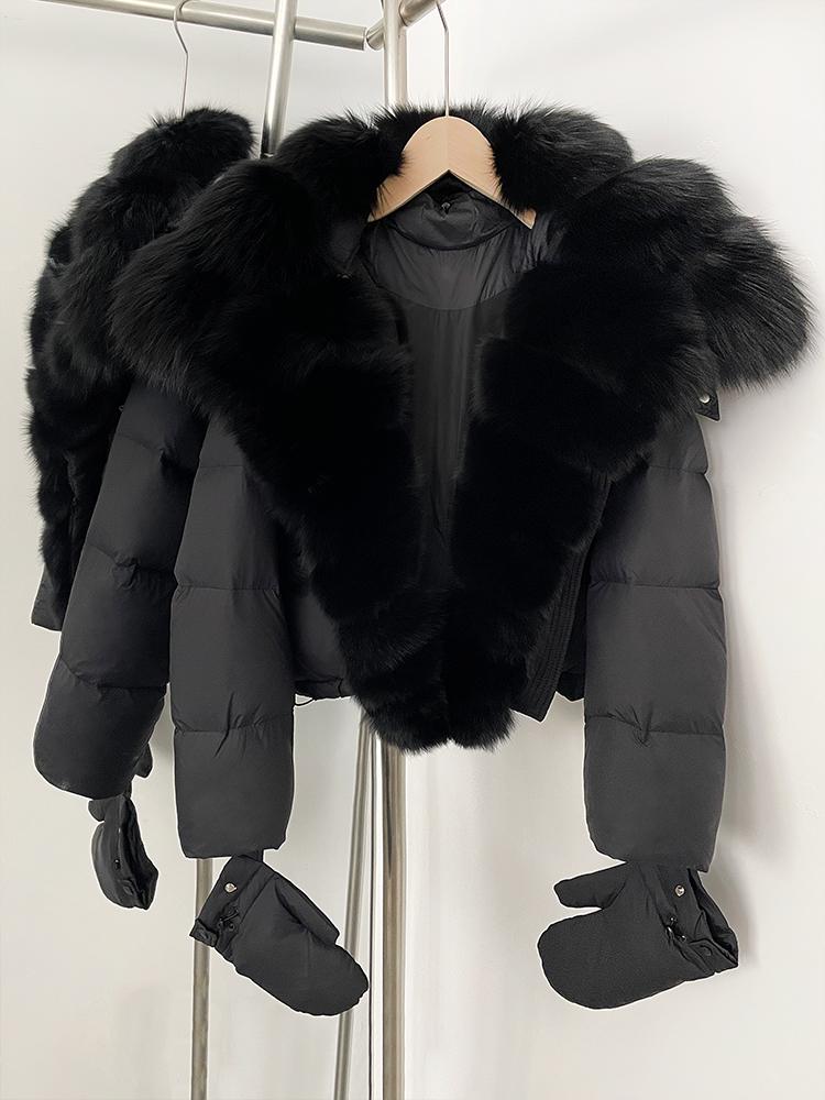 OFTBUY New Winter Top Clothes Women Short Hooded Big Real Fox Fur Down Coat Female Natural Fur Fluffy Puffer Jacket with Gloves