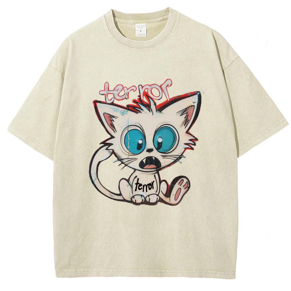 Washed T Shirt Men Cute Cat Graphic Kanye Cotton Tshirt Unisex Clothing Comfortable Clothing Loose Oversized