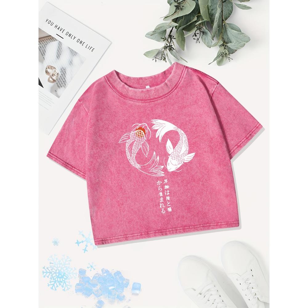 Casual Cotton Crop Tops Womens Japanese Koi Prints Washed T-Shirts Street O-Neck Regular Fit Streetwear Sexy Clothes