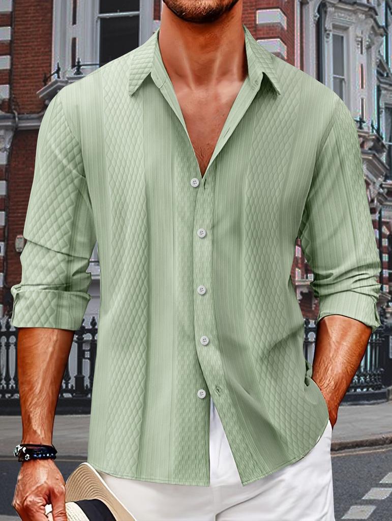 2024 Men's Long Sleeve Inch Shirt Spring and Autumn New Jacquard Single Breasted Men's Lapel Long Sleeve Shirt Men's Fashion Casual Tops