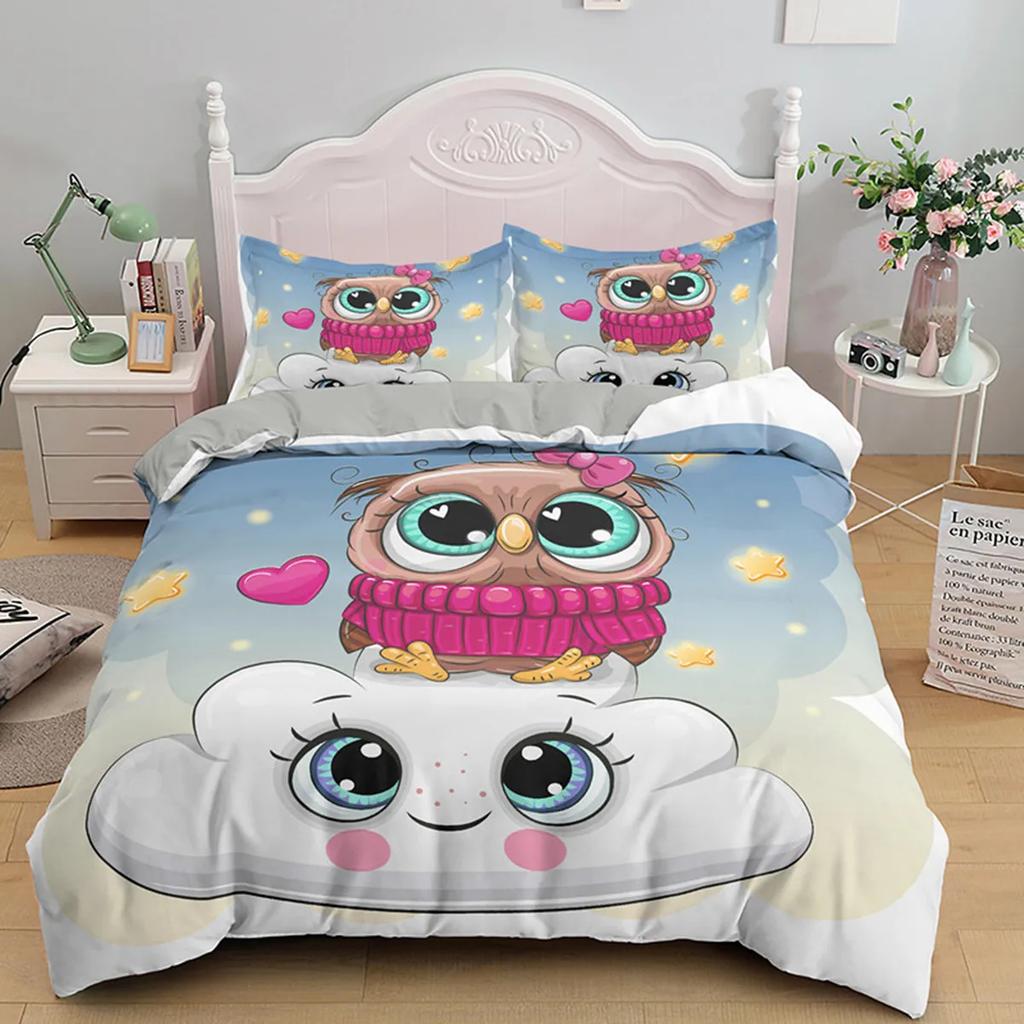 Cartoon Owl Duvet Cover Cute Night Animal For Kids Boys Girls Gifts Owl And Koala Tribal Feather Style Green Bedroom Decorations