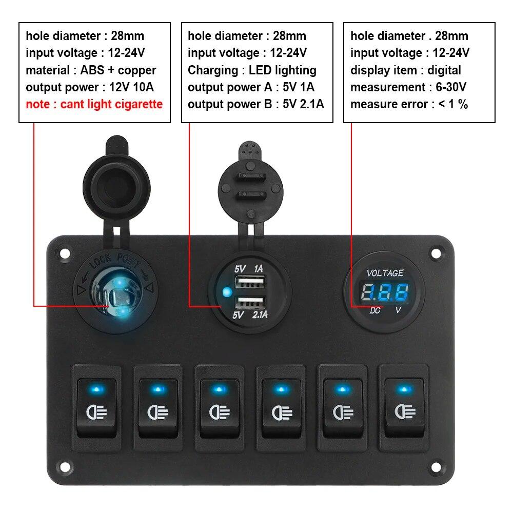 12V 6 Button Switch Panel USB Chargers Car Light Toggle 24V Truck Power Adapter Accessories For Marine Boat Trailer RV Caravan