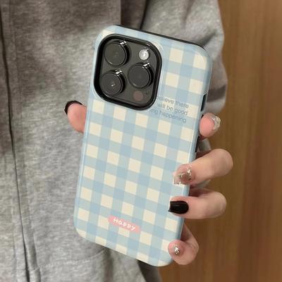 Semplice Griglia Blu e Bianca per Apple 17promax Cartone Animato Carino per IPhone16pro Lente Copertura Integrale 15 Nuovi Modelli