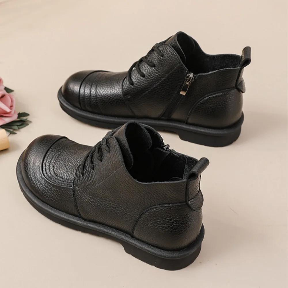 Women'S Boots  Autumn/Winter New Retro Single Boot Low Heel Short Boot British Style Genuine Leather Round Toe Womens Shoes