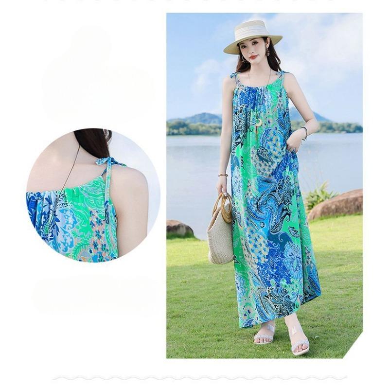 Fashion Floral Sleeveless Cotton Maxi Dress Summer Boho Style Casual Wear for Women