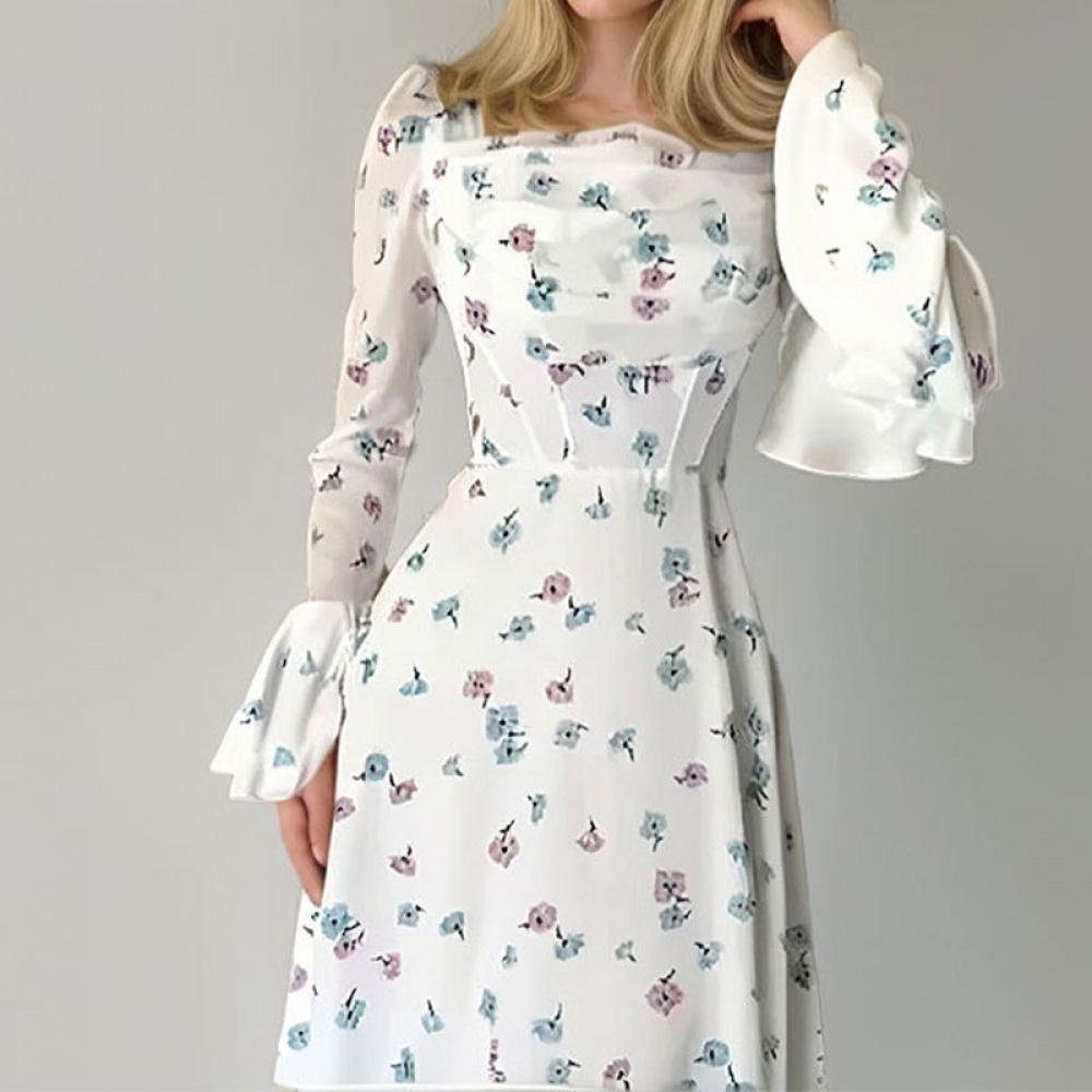 Damen Elegantes Blumiges Raffiniertes Feenhaftes Fließendes Langes Kleid Mit Taille Und Glockenärmeln Kleider Für Mädchen