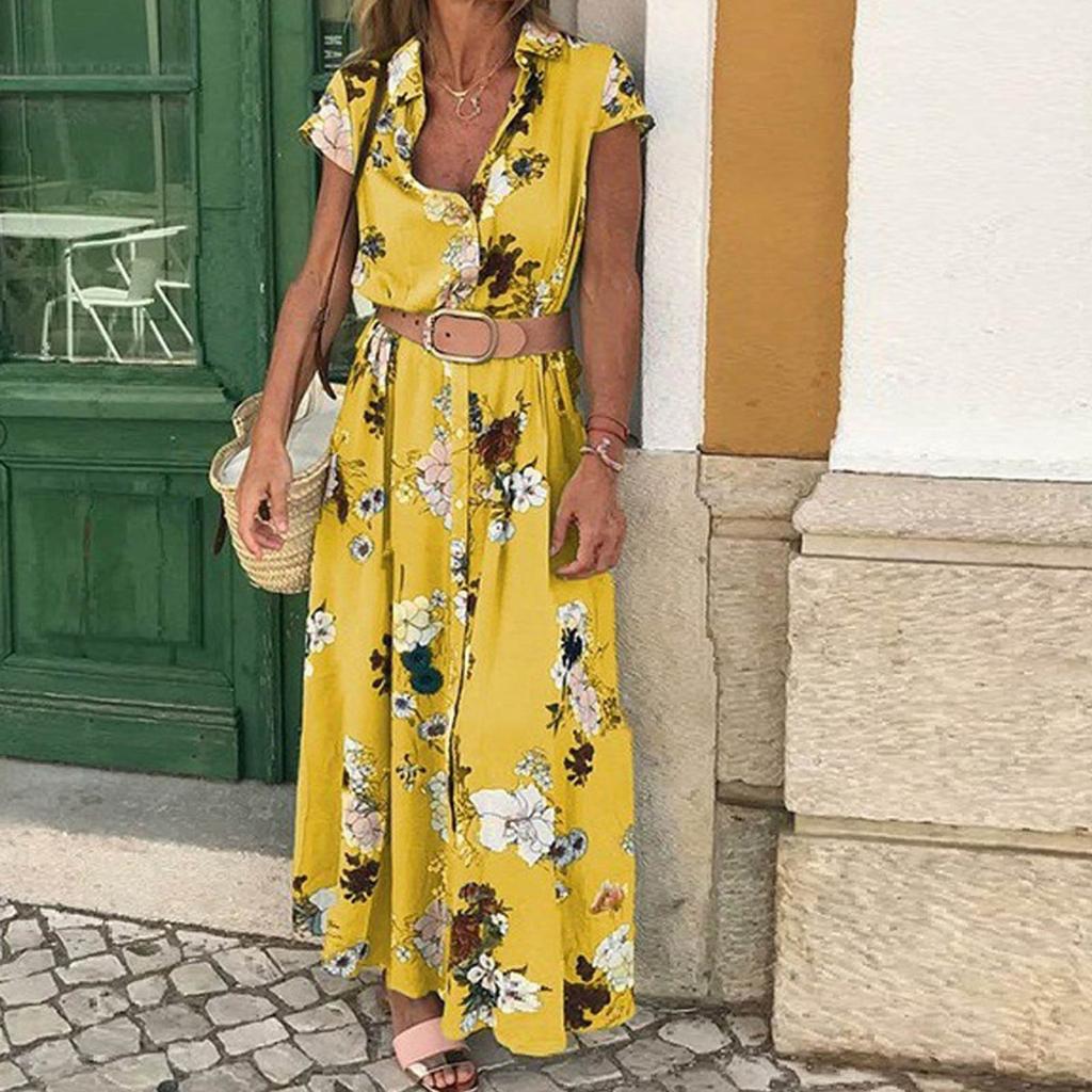 Women's Bohemian Retro Ethnic Printed Resort  V-neck Tie Button Long Dress