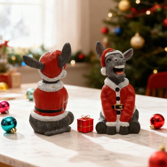 Christmas Santa Donkey Figurine Xmas Hat Donkey Resin Statue Sculpture Holiday Party Home Office Desktop Decoration Ornament