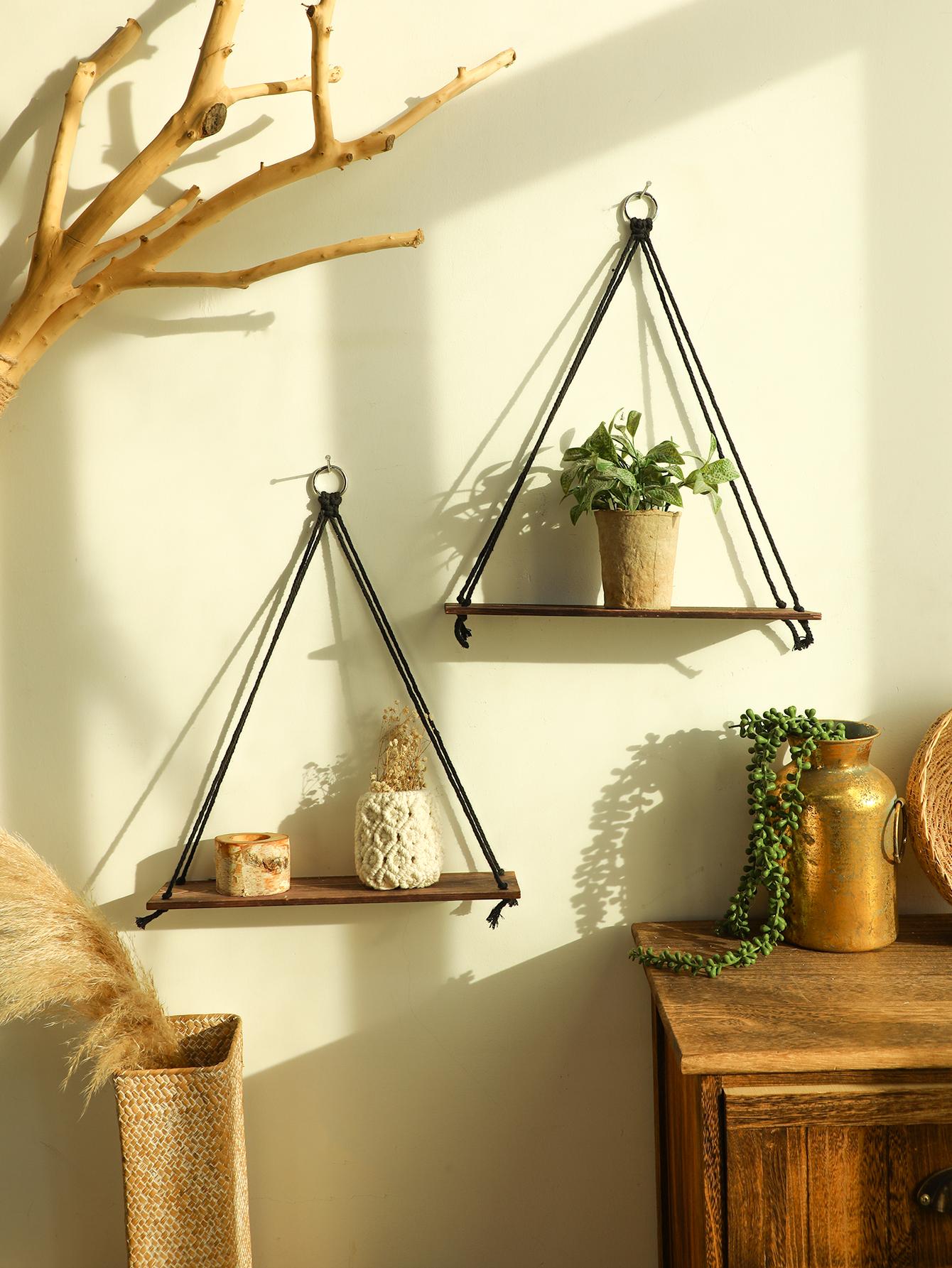 

Деревянная полка, плавающие полки в технике макраме, декоративная полка из темного дерева, настенный стенд для домашнего декора в стиле бохо, держатель для цветочного горшка