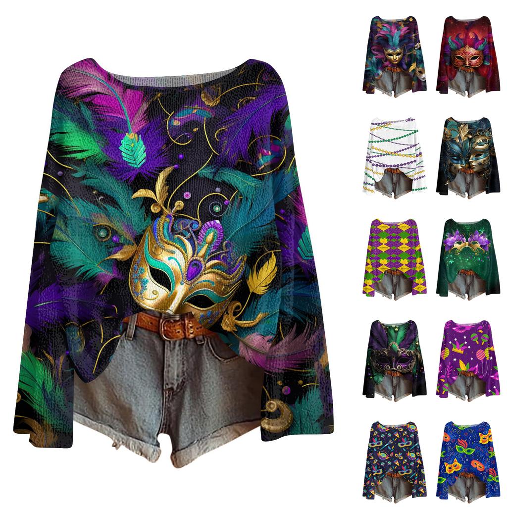 Women's Fashion Round Neck Long Sleeve Print Casual Pullover Sweater Top