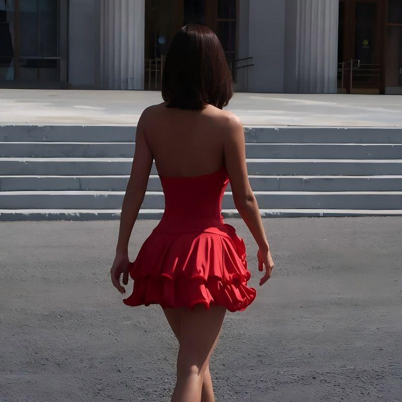 

A Glance at Ten Thousand Years/Beautiful Sweet Gentle Pure Desire Hanging Neck V-neck Short dress Sexy Gyaru Backless Single-Breasted Dress Red S