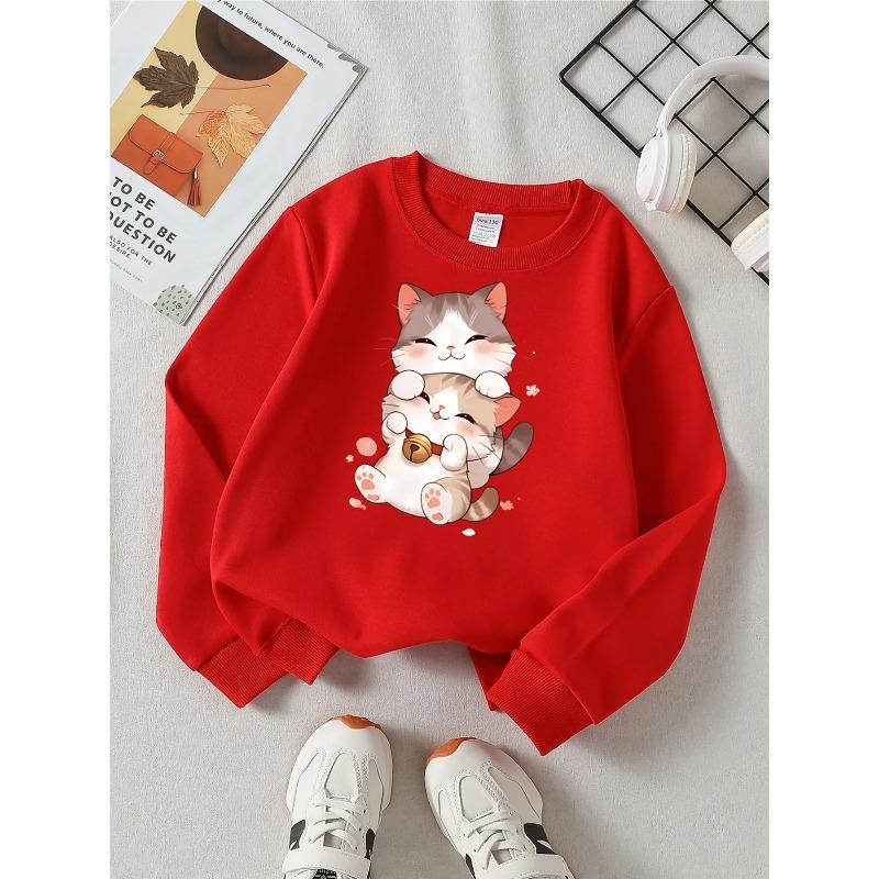 European sizes Cute Cats Stacked Together Girls' Fashionable Crewneck Sweatshirt, Western Top, Children's Long Sleeved Casual T-Shirt