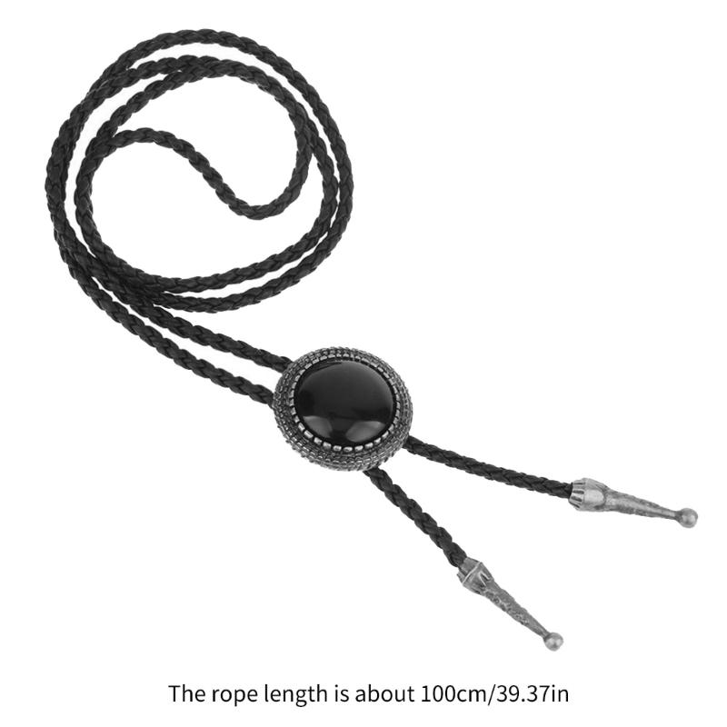 Handmade Vintage Bolo Tie for Women Mens Western Cowboy Leather Rope Necktie with Round Stone Pendant Jewelry Necklace
