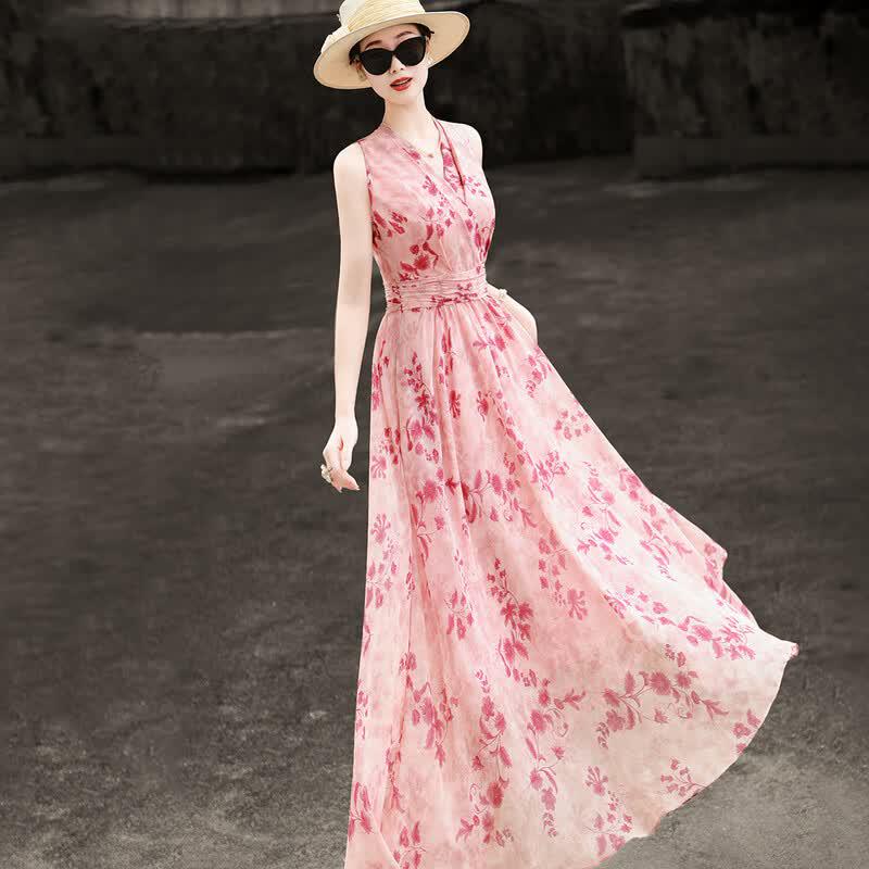 

Summer Floral Print Halter Chiffon Dress XL