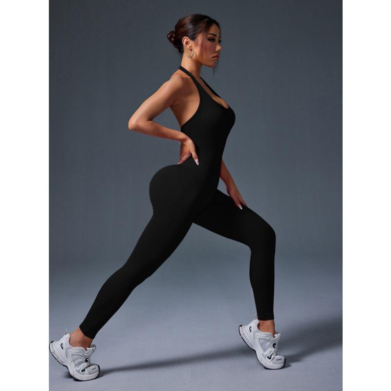 Summer Sexy Backless Halter Gym Jumpsuit Women's Fitness Suit Sports Overalls for Woman Tracksuit Yoga Clothing Elasticity Black Workout Sportswear