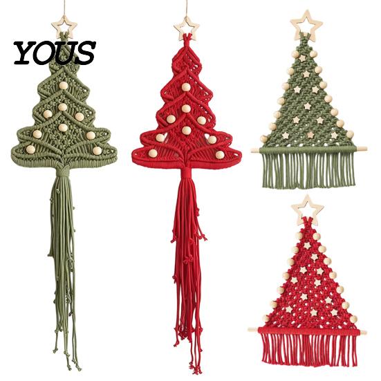Christmas Tree Hanging Decorations Braided DIY Kit, Make 2 Cotton Rope Trees, Boho Knot Craft Handmade Ornament Making Kit Set with Wooden Beads