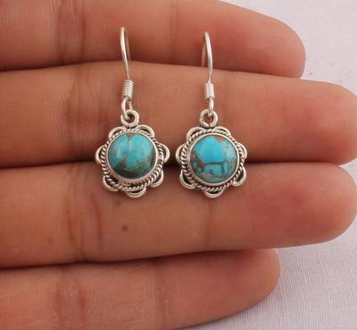 Boucle d'oreille en Argent Sterling 925 Massif avec Pierre Précieuse Turquoise Cuivre Bleue, Bijoux Faits Main, Boucles d'Oreilles Bohèmes