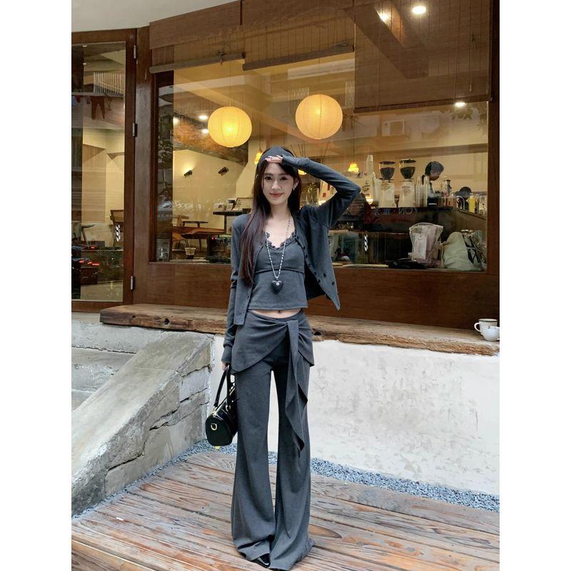 Kumikumi Fashion Suit Short Long Sleeves Cardigan Women's Bottoming Small Slip Top Autumn Lace-up Casual Pants Three-Piece Set