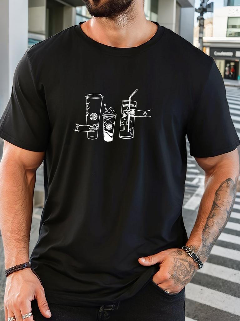 Minimalist Line Art Coffee Beverage Cups Print Unisexs Crew Neck Short Sleeve Casual Daily Summer Basic Comfort Fit Soft Tee Shirt