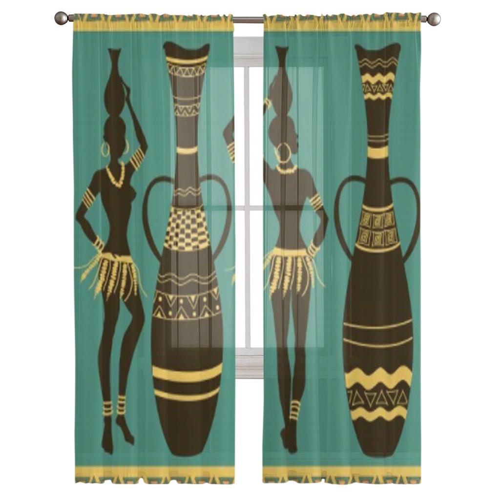 Afrikanische Stammes-Halbnackte Mädchen und Vasen Tüll Transparente Vorhänge für Wohnzimmer Schlafzimmer Küchendekoration Voile Organza Vorhänge