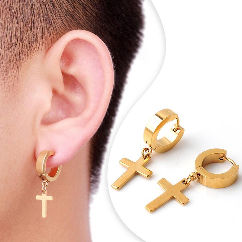 2PC Men Punk Cross Stars Dangle Earrings Women Gothic Stainless Steel Cross Ear Stud Earrings Piercing Huggies Pendant Zircon