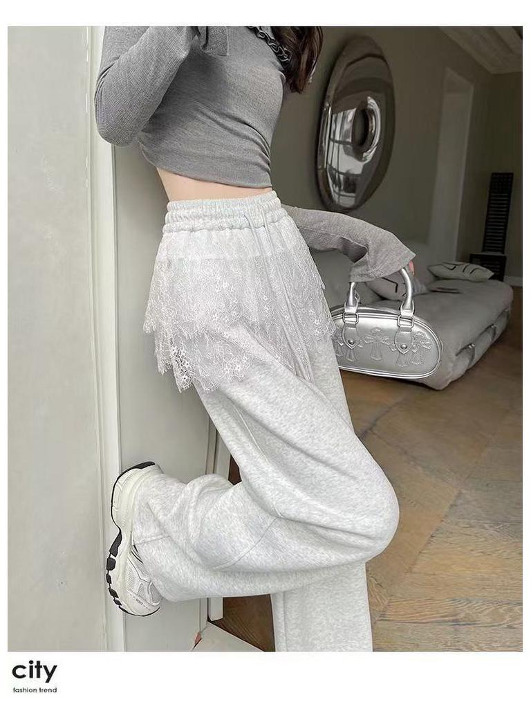 Women's High-Waisted Lace Patchwork Wide-Leg Sweatpants for Spring/Summer