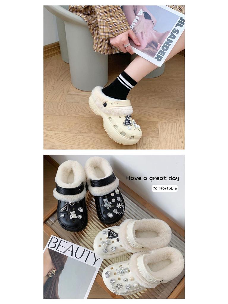 Women's Fleece-Lined Detachable Cotton Slippers - Autumn/Winter Fur Shoes with Hole Design