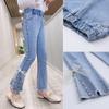 Denim Pants for Teenage Girls Jeans Spring Autumn Fashion Casual Loose Blue Bow Kids Leg Pearl Wide Pants Children Trousers