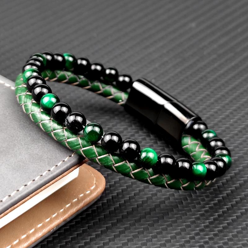 MingAo Mode Grüne Steinperlen Herren Armband Mehrschichtiges Lederarmband Punk Schmuck Edelstahl Magnetverschluss Armreifen