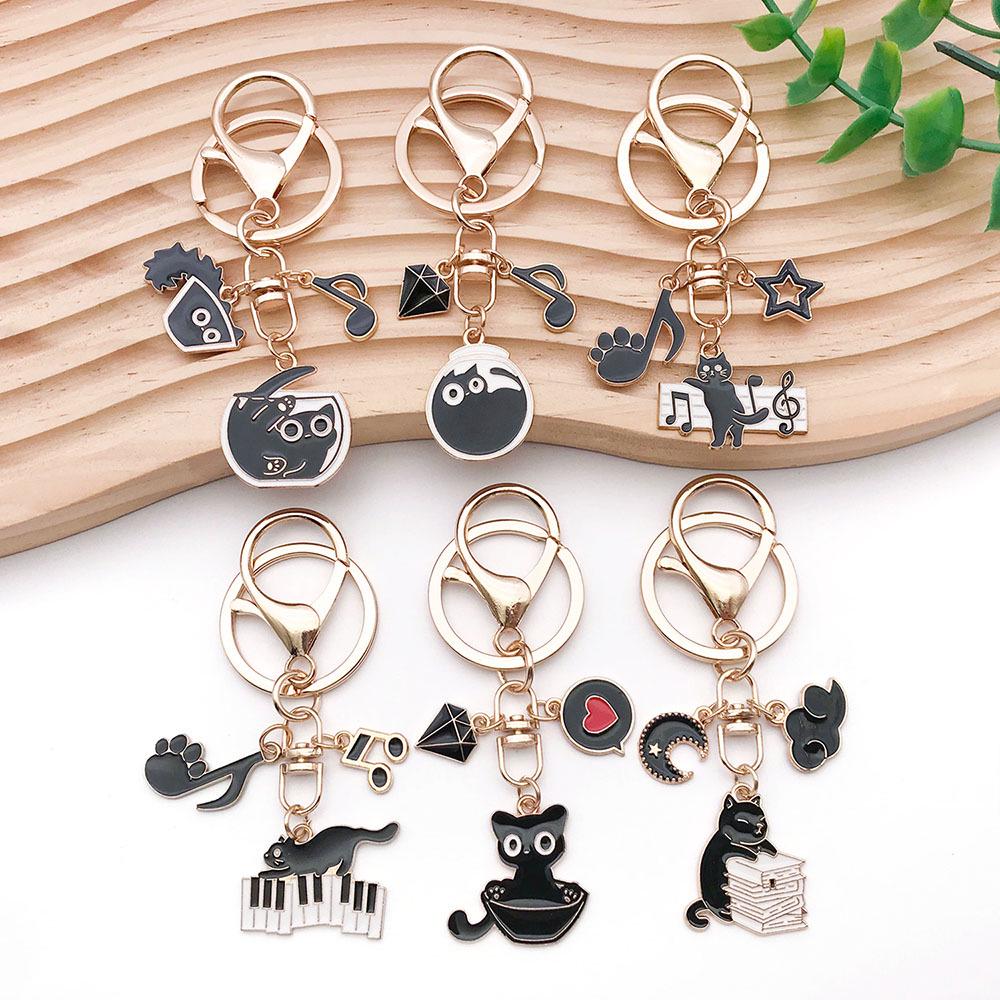 Dripping Oil Cartoon Black Cat Keychain Pendant: Cute Zinc Alloy Backpack Ornament In 6 Styles