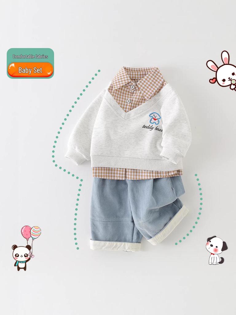 2026 New Boys' and Girls' Plaid Patchwork Two-Piece Hoodie Set for Spring and Autumn