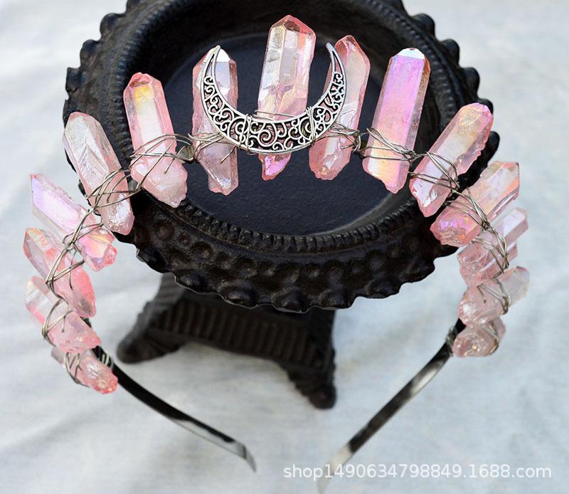Natural Crystal Electroplating Frosted Crystal Witch Halloween Moon Crown Headband KTY