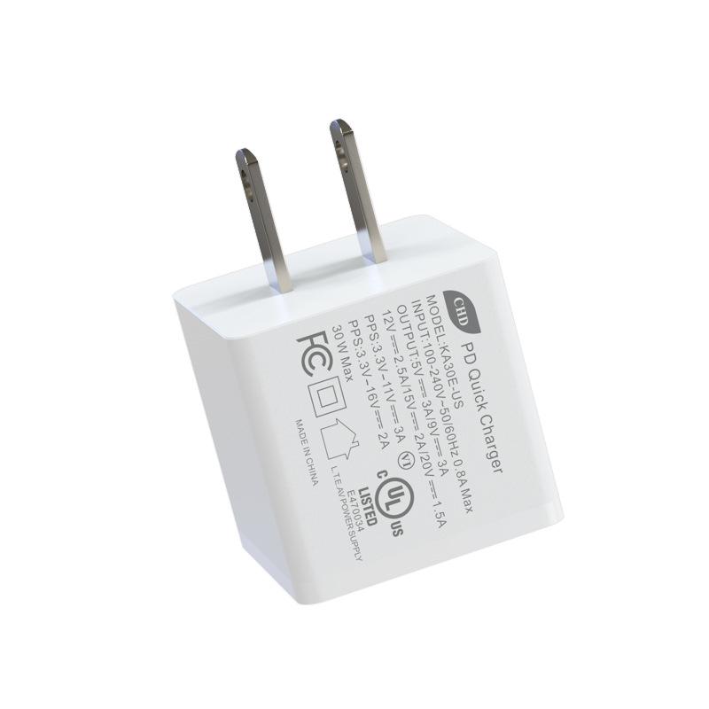 PD30W GaN Charger - UL & FCC Certified, Single USB-C Port, Fast Charging with 5V/9V/12V/15V/20V Protocols.