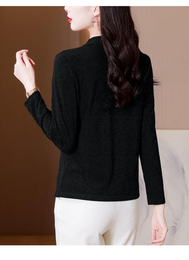 Elegant Retro Lace High-Neck Long Sleeve Women's T-Shirt for Spring