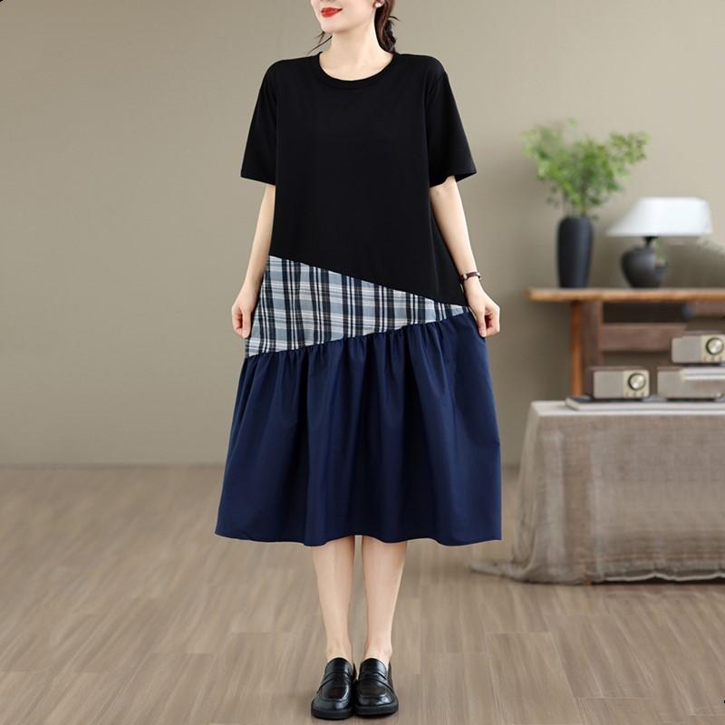 Short sleeve Plus size vintage patchwork new in dresses for women casual loose long summer dress