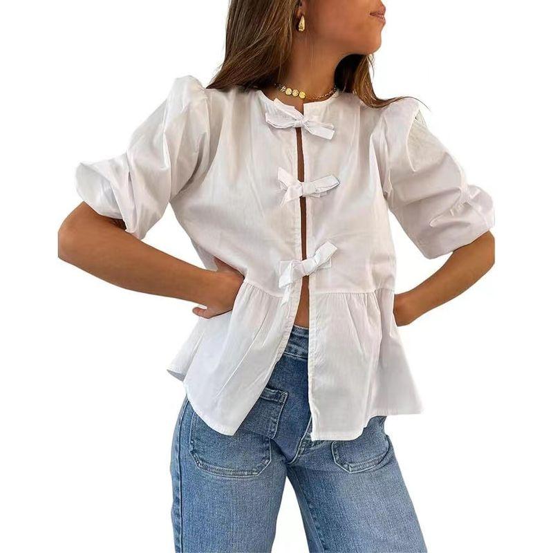 

Fashion Style Street Summer Women s Shoelace Stripes Puff Sleeve Shirt Fashion Sexy Loose Cardigan Half Sleeve Tops Tide White L