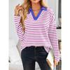 Spring Autumn Women's Striped V-Neck Loose Sweatshirt Lapel Sweatshirt