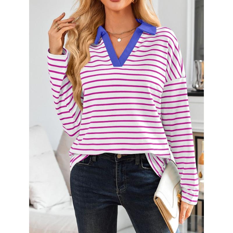 Spring Autumn Women's Striped V-Neck Loose Sweatshirt Lapel Sweatshirt
