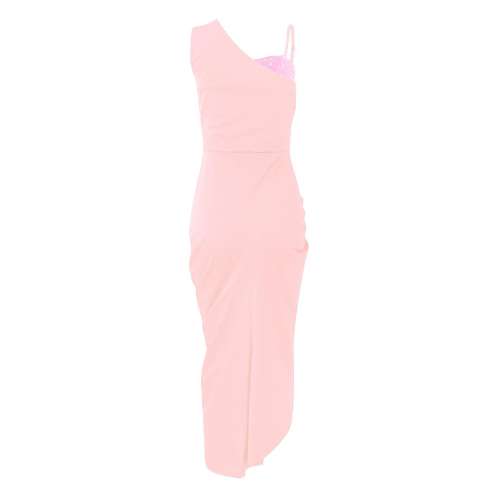 Women's Solid Color Sexy Sequin Slit Maxi Smocked One Shoulder Evening Dress