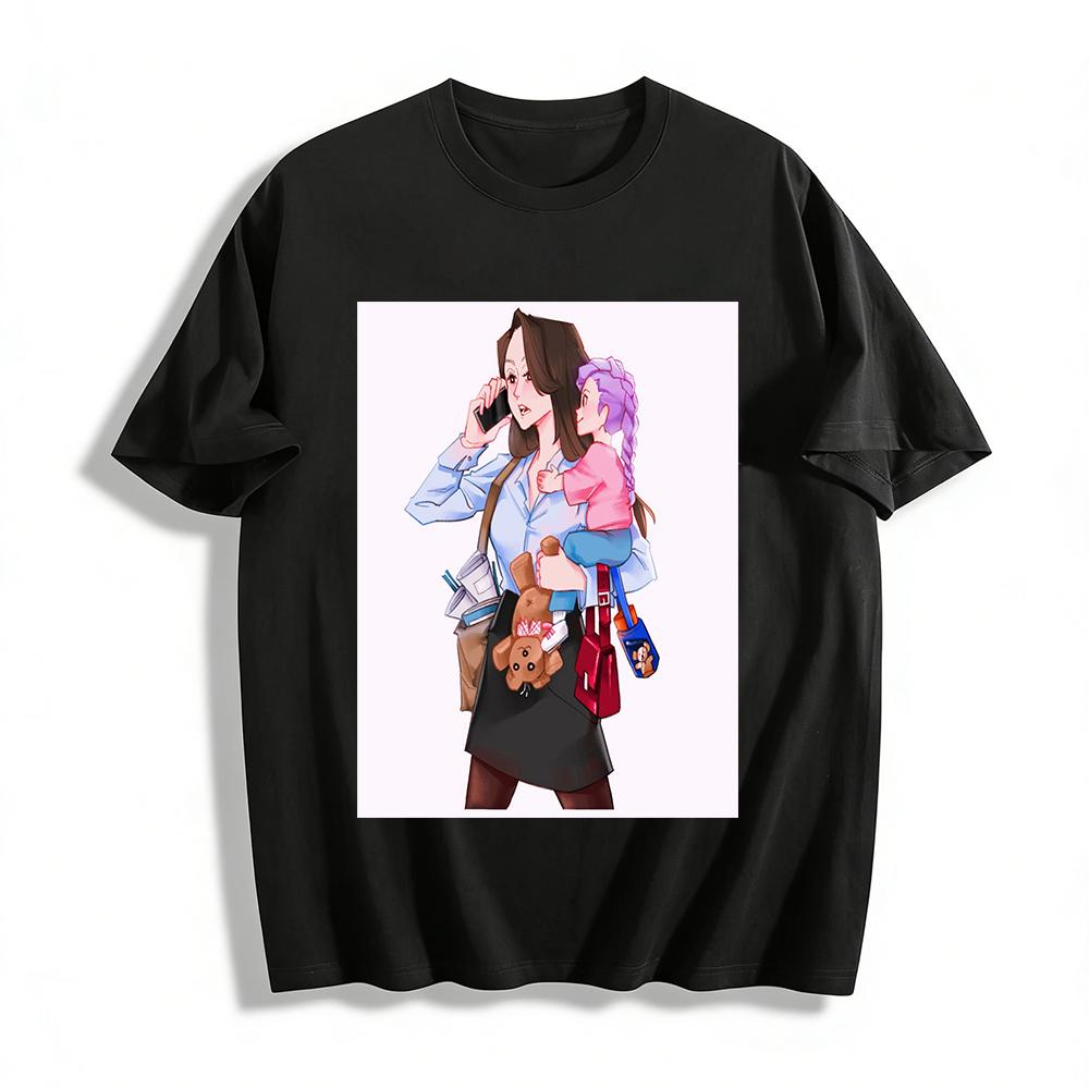 

Working Mom With Kid Graphic T-shirt,Realistic Style Casual Top For Busy Mothers Balancing Work And Parenting Pure cotton T-shirt XXS