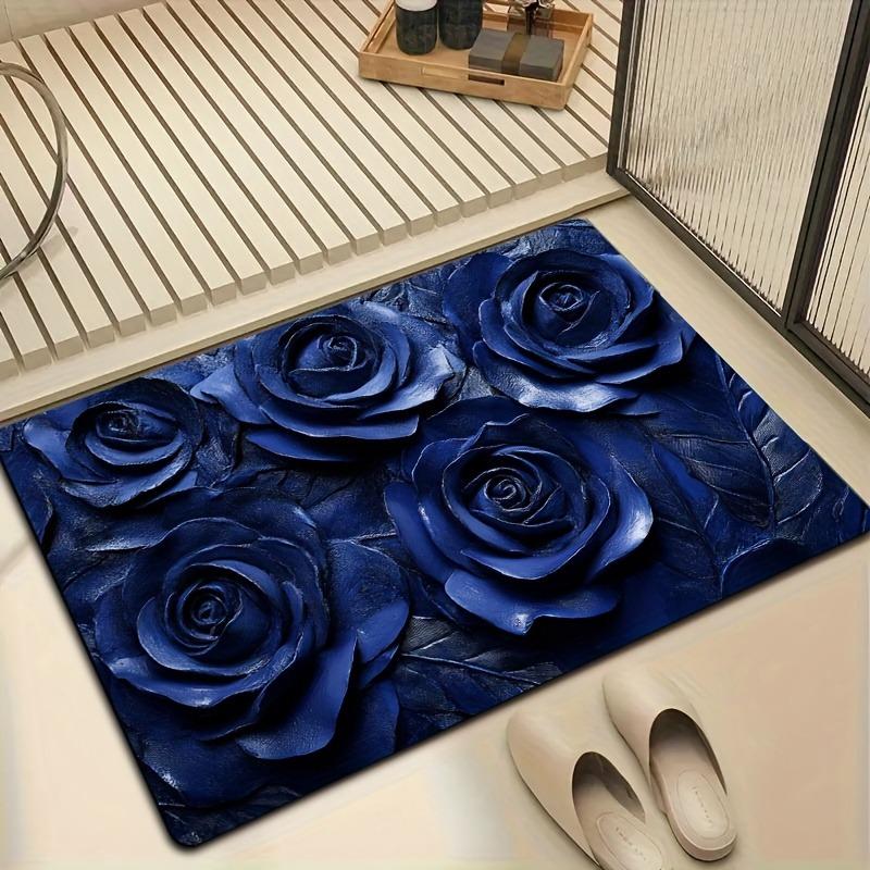Luxurious Blue Rose Bath Mat, Soft Bathroom Floor Rug, Non-Slip Absorbent Home Decor Mat