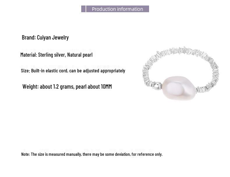 Cui Yan S925 Sterling Silver Natural Pearl Korean Style Color Block Elastic Ring for Women