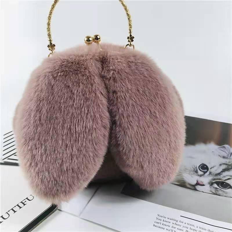 Plush bag Women's oblique straddle portable princess bag imitation fur plush bag New chain bag Versatile rabbit ear bag